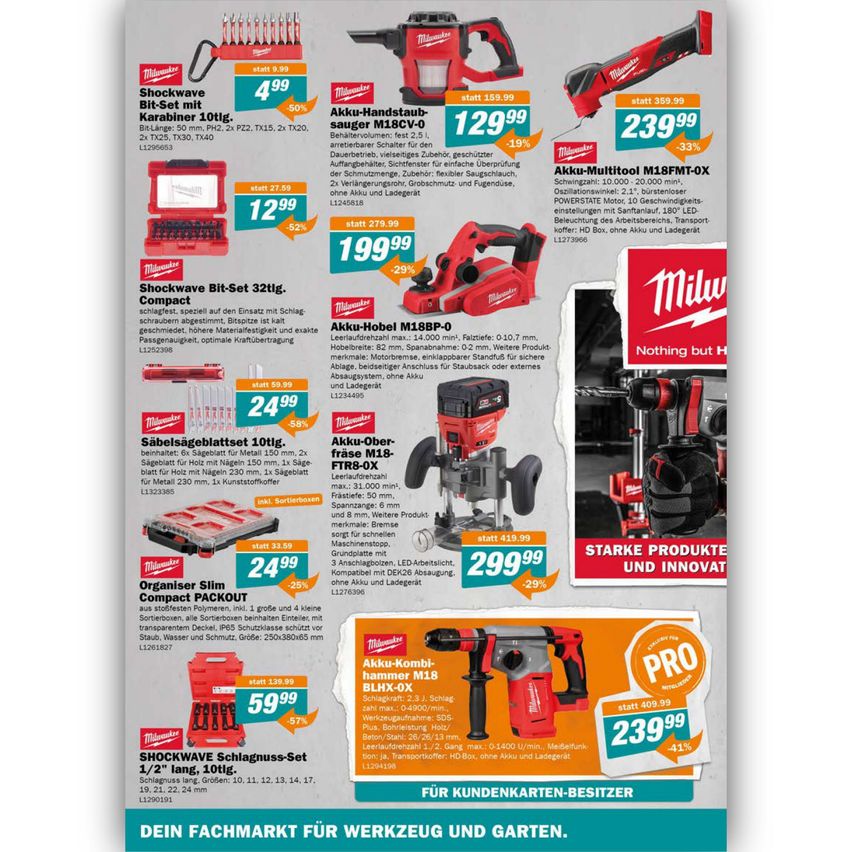 Promotional advertisement for various power tools including drills, impact wrenches, and sanders. Each tool is listed with its price and specifications. The tools range from a Shockwave Bit-Set to an Akku-Kombi-Hammer. The advertisement features a brand logo and a slogan.