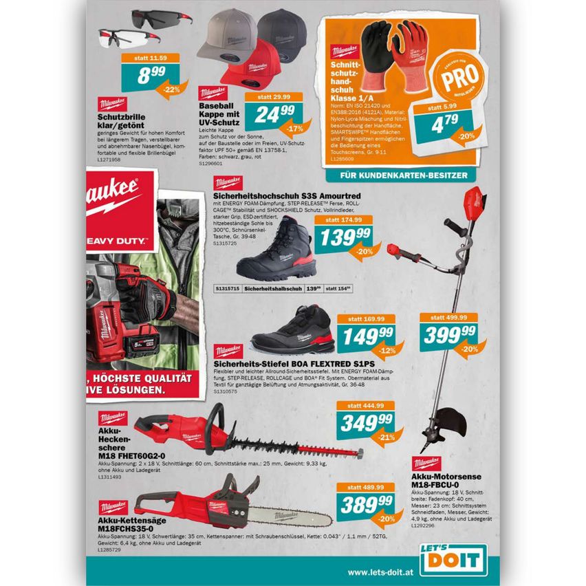 Promotional poster featuring various products. Includes baseball cap, safety goggles, safety shoes, and a chainsaw. Each item has a discounted price.
