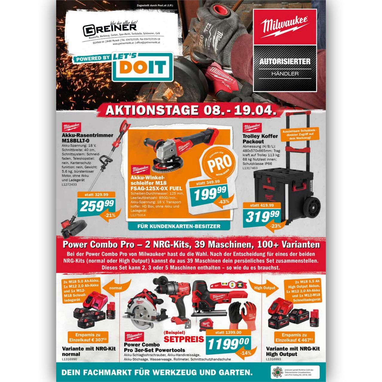 Promotional flyer for power tools and gardening tools. Offers include discounted prices on various tools and kits. Featured tools include an M18 battery trimmer, Akku-Winkelschleifer, and trolley case. Special deals on Power Combo Pro with discounts up to 43%. Valid from 08.04. to 19.04.