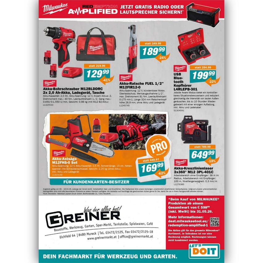 Milwaukee flyer showcasing various tools. Offers include a cordless drill set, battery-operated saw, and a battery pack. Special discounts and free radio or speaker with purchase. Product specifications and purchase details provided.