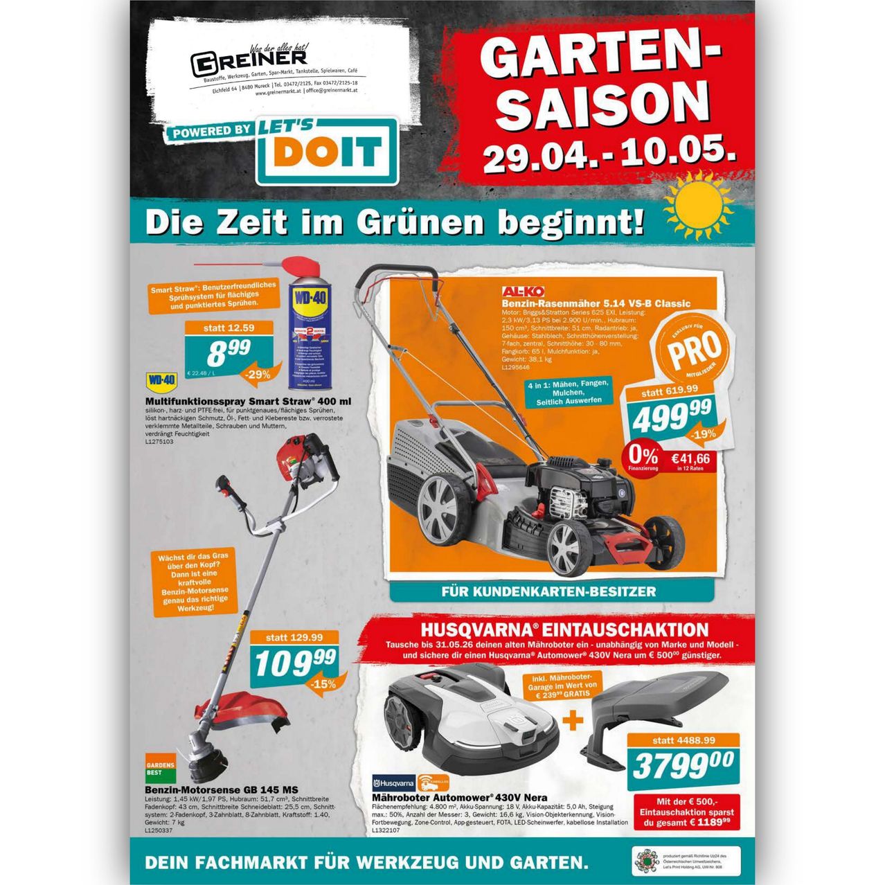 Werbeanzeige für Gartenprodukte, einschließlich eines Multifunktions-Sprays, Rasenmäher und einer Kettensäge. Die Anzeige hebt Rabatte hervor, wie 19% Rabatt auf einen bestimmten Rasenmäher und 29% Rabatt auf ein Multifunktions-Spray. Der Verkauf läuft vom 29. April bis 10. Mai.