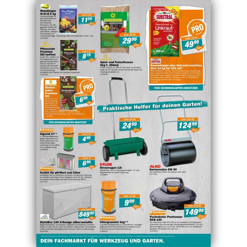 Ein Werbeflyer für Gartenprodukte. Produkte beinhalten: Blaudunger 8+8, Planzende Premium 50, Sungreen Rinden-Dekor und Sungreen Premium 50. Alle Produkte sind rabattiert und entsprechend bepreist.