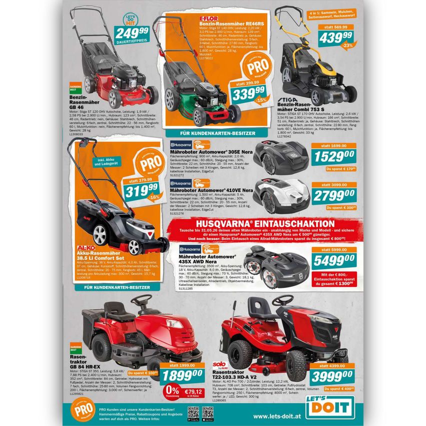 Werbung für verschiedene Rasenmäher und Traktormäher, mit Rabatten, Spezifikationen und Preisen. Modelle umfassen Benzin-Rasenmäher, Mähroboter Automower und Rasen-Traktor. Besondere Angebote und Werbeaktionen werden hervorgehoben.