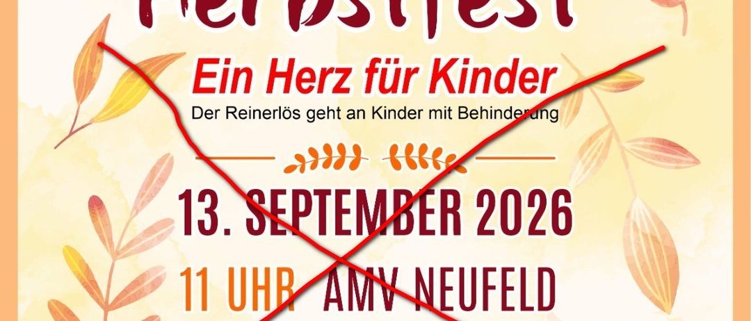 Benefiz Herbstfest Poster bewirbt ein Wohltätigkeitsfest für Kinder mit Behinderungen am 13. September 2026. Die Veranstaltung umfasst eine Tombola bei Neufeld und Western Cowboys um 11 Uhr.