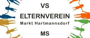 Silhouetten von Familien, die Händchen halten, bilden einen Kreis mit den Worten VS Elternverein Markt Hartmannsdorf MS in der Mitte.