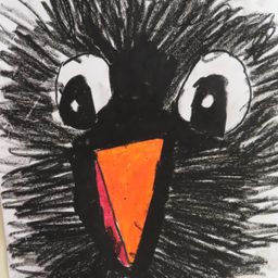 A close-up drawing of a bird's head with big eyes and an orange beak. The drawing is in black, white, and orange.
