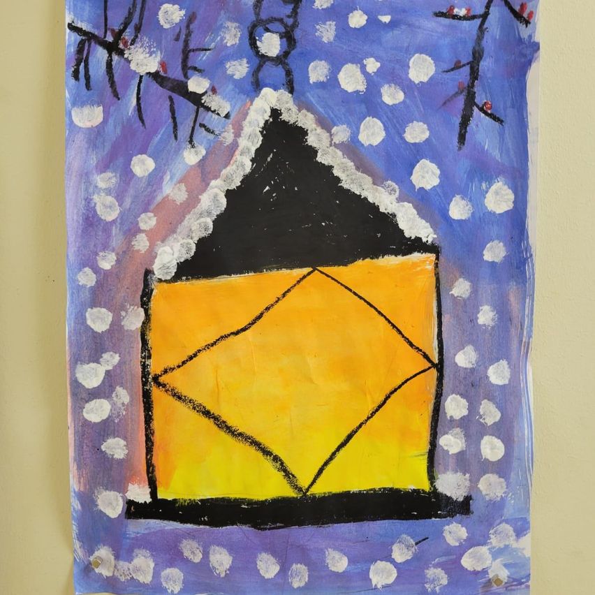 An abstract painting of a house with a snow-covered roof and branches on a blue background with white dots. The house is yellow with black outlines, and the branches have red berries.