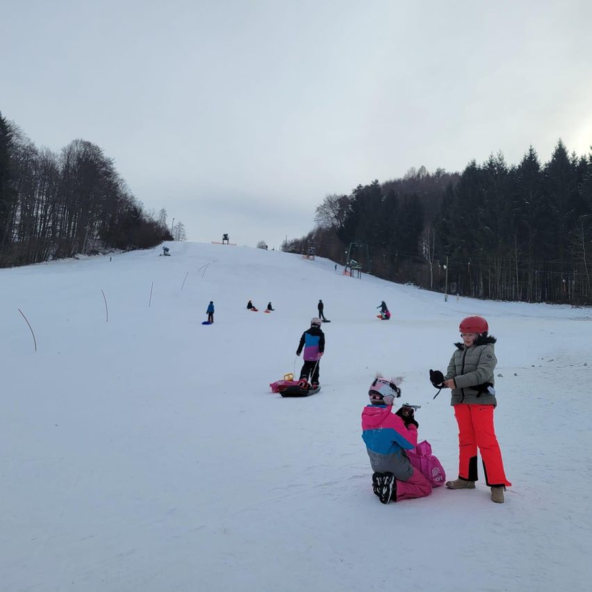 Eine Gruppe von Menschen skifahren und snowboarden einen verschneiten Hang hinunter. Einige stehen, andere sitzen. Der Himmel ist bedeckt.
