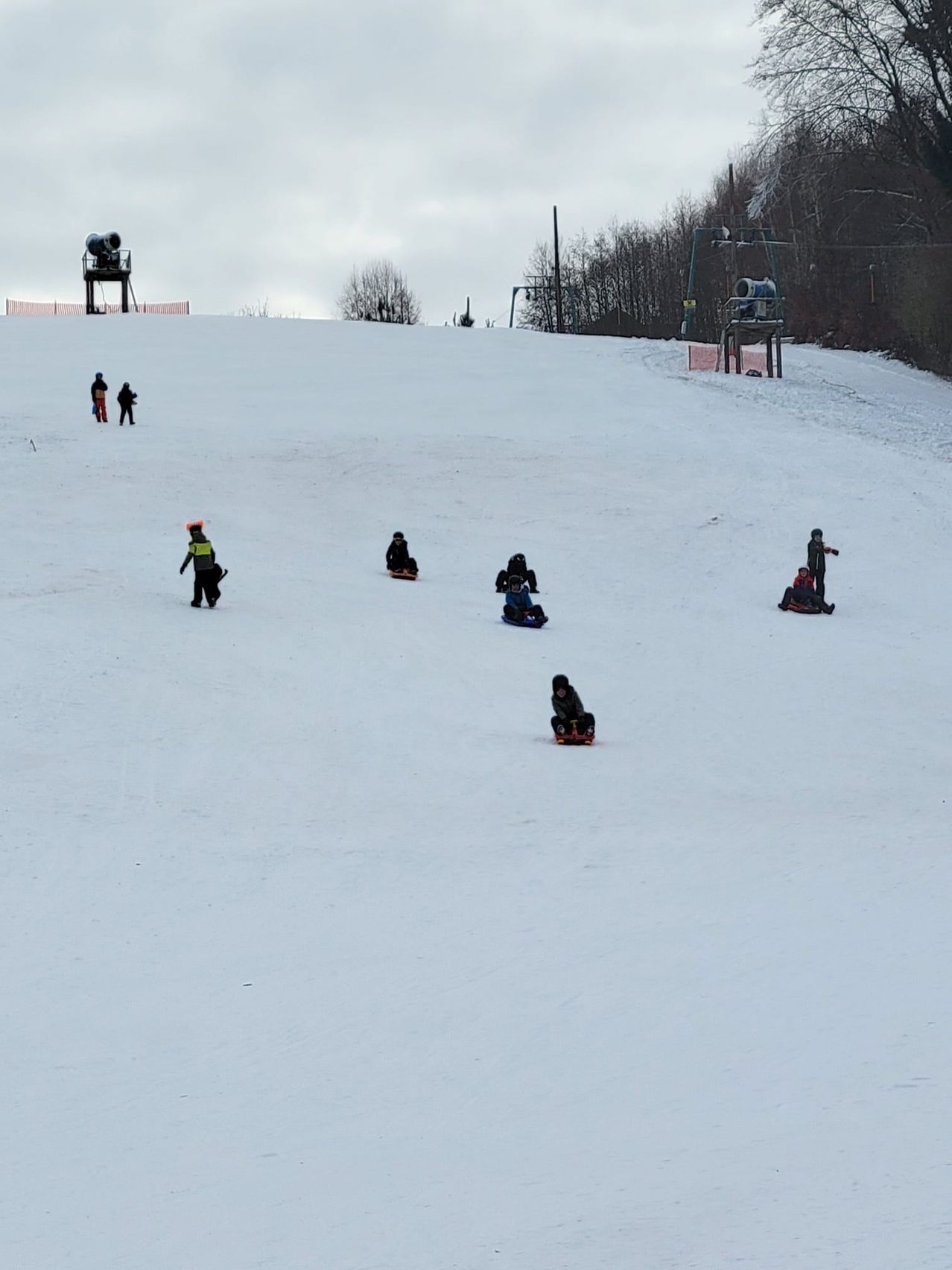 Eine Gruppe von Menschen befindet sich auf einem verschneiten Hügel, einige gehen, andere rodeln. Im Hintergrund sind Bäume, ein Zaun und eine Schneekanone zu sehen.