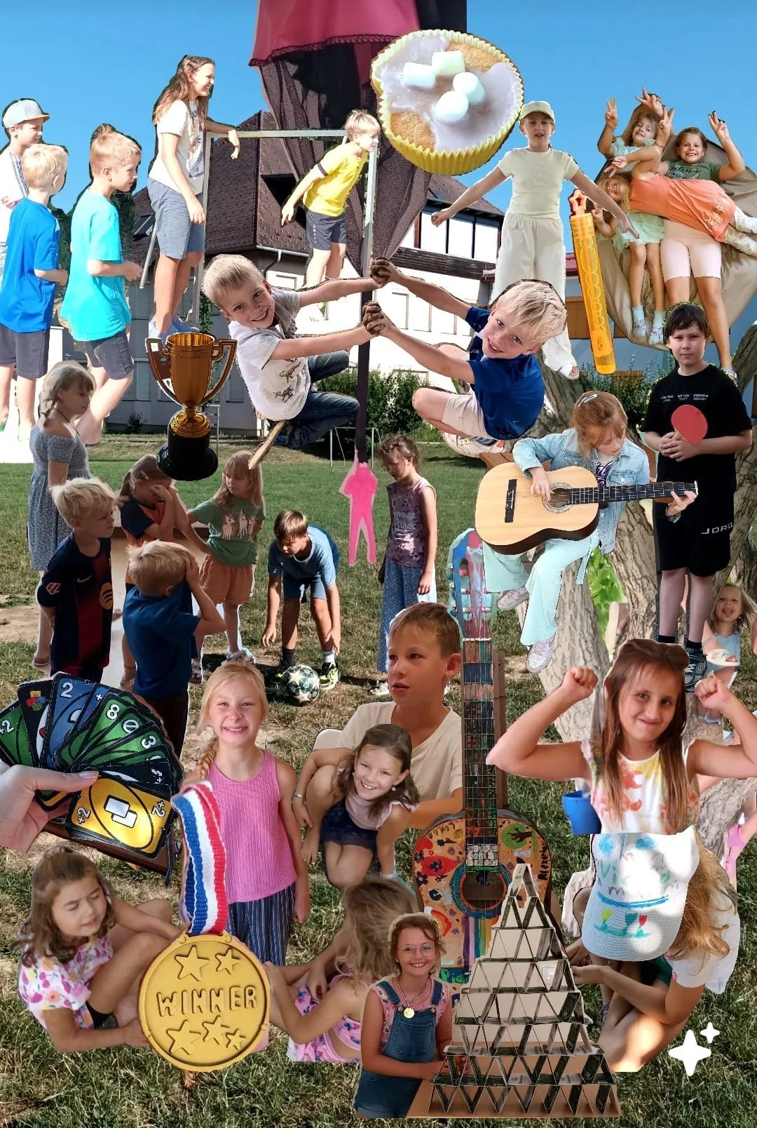 Eine Collage von Kindern, die verschiedene Aktivitäten ausführen, darunter das Spielen von Instrumenten, Klettern und das Halten von Trophäen, vor dem Hintergrund eines Grasfeldes und eines Hauses.