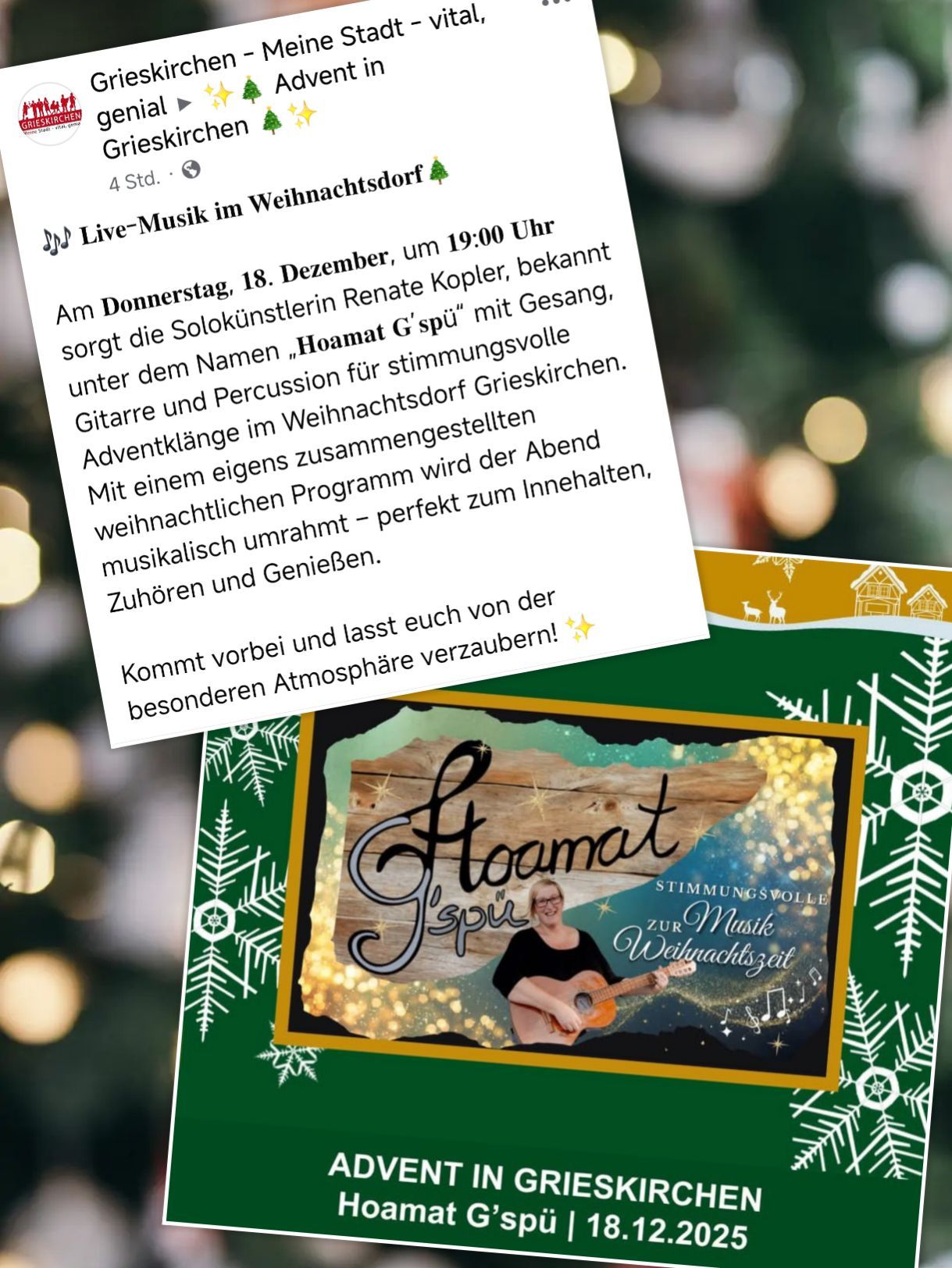 Ein Plakat kündigt Live-Musik am 18. Dezember um 19:00 Uhr an. Es zeigt Hoamat G'spui mit Gesang, Gitarre und Percussion. Die Veranstaltung verspricht eine festliche Stimmung für die Adventszeit.