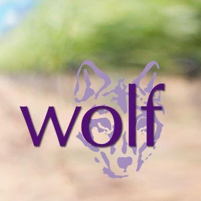 Eine Nahaufnahme von lila Trauben mit grünen Blättern. Ein Wolfslogo befindet sich auf der linken Seite des Bildes.