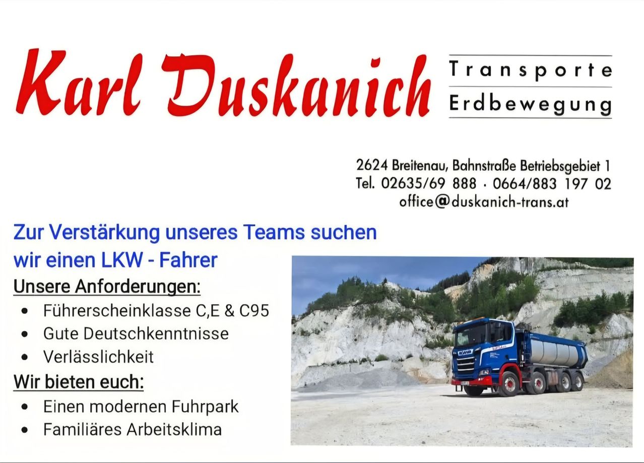 Ein Visitenkarte für Carl Duskanich Transportation mit einem blauen und roten Lastwagen auf einer Straße im Hintergrund. Die Karte enthält Kontaktinformationen und Anforderungen für LKW-Fahrer.