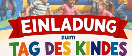 Das Plakat lädt zum Kindertag am 29. August 2026 um 15 Uhr auf dem Spielplatz Badener Strasse, Teich ein. Das Plakat zeigt Kinder, die in einem Hüpfburg spielen.