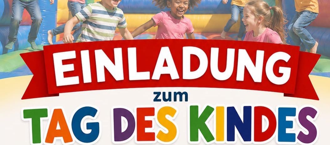 Das Plakat lädt zum Kindertag am 29. August 2026 um 15 Uhr auf dem Spielplatz Badener Strasse, Teich ein. Das Plakat zeigt Kinder, die in einem Hüpfburg spielen.