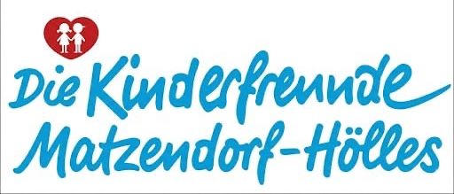 Das Logo für Die Kinderfreunde Matzendorf-Hölles, mit einem roten Herzen und zwei Kindern, ist in blauer kursiver Schrift geschrieben.