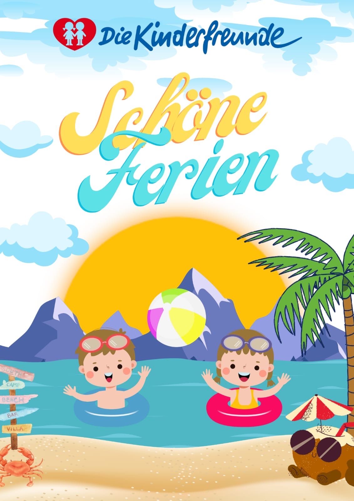Zwei Kinder genießen den Sommer am Strand, mit Bergen und Sonne im Hintergrund. Ein Kind ist im Pool, während das andere in einem Schwimmring ist.