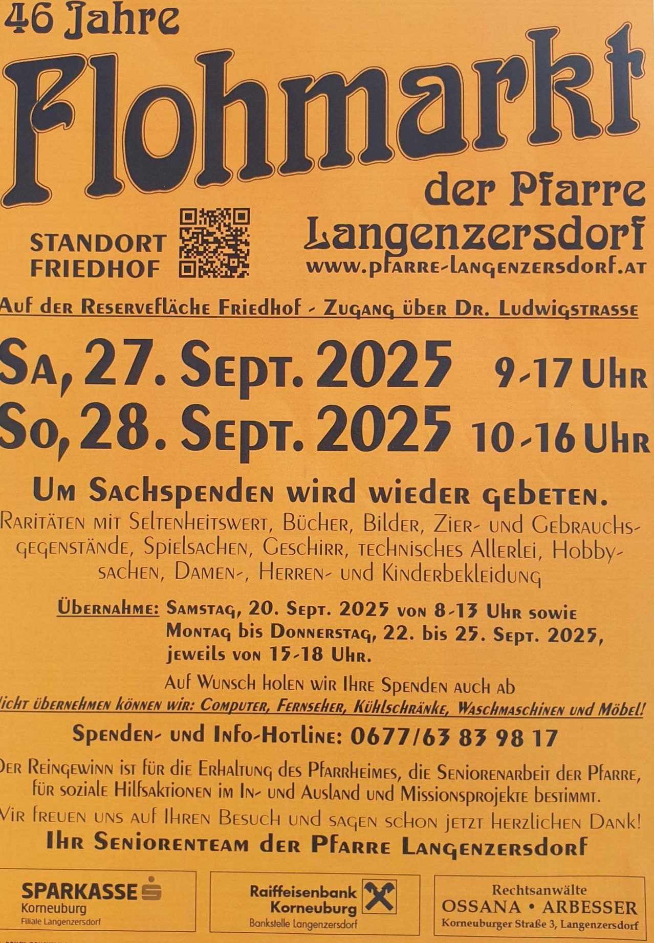 Plakat mit Ankündigung einer Veranstaltung am 27. und 28. September 2025. Die Veranstaltung findet auf dem Friedhof Langenzersdorf statt, mit Zugang über die Dr. Ludwigstrasse. Öffnungszeiten sind samstags von 9-17 Uhr und sonntags von 10-16 Uhr. Es geht um das Sammeln von Gegenständen für eine Spende.