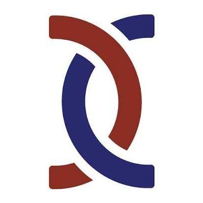 Ein stilisiertes Logo mit zwei sich überschneidenden Kreisen, einer in Blau und einer in Rot, die ein einzigartiges Muster auf weißem Hintergrund bilden.