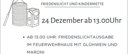 Werbeplakat für die Veranstaltung 'Heiliger Abend in Worth'. Es zeigt eine Kerze, einen Stern und eine Laterne. Die Veranstaltung beinhaltet eine Friedenslichtausgabe um 13:00 Uhr und den Beginn der Kindermette um 16:00 Uhr in der Pfarrkirche Worth. Die FF Worth und die Pfarre Worth wünschen frohe Weihnachten.