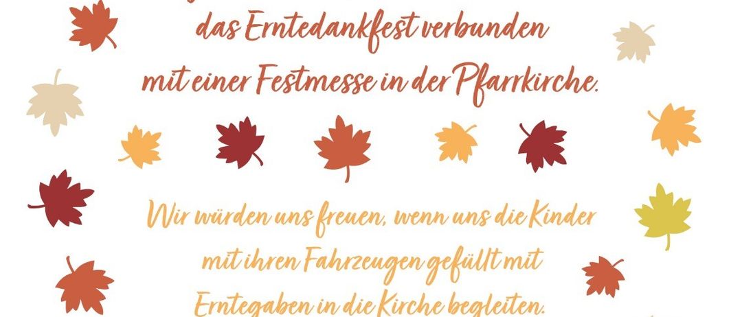 Plakat für das Erntedankfest-Event am 20. September 2026 um 9:00 Uhr. Es zeigt einen Korb mit Herbstfrüchten und Blättern, mit Text in deutscher Sprache. Die Veranstaltung umfasst ein Erntedankfest mit einem Festmahl in der Kirche.