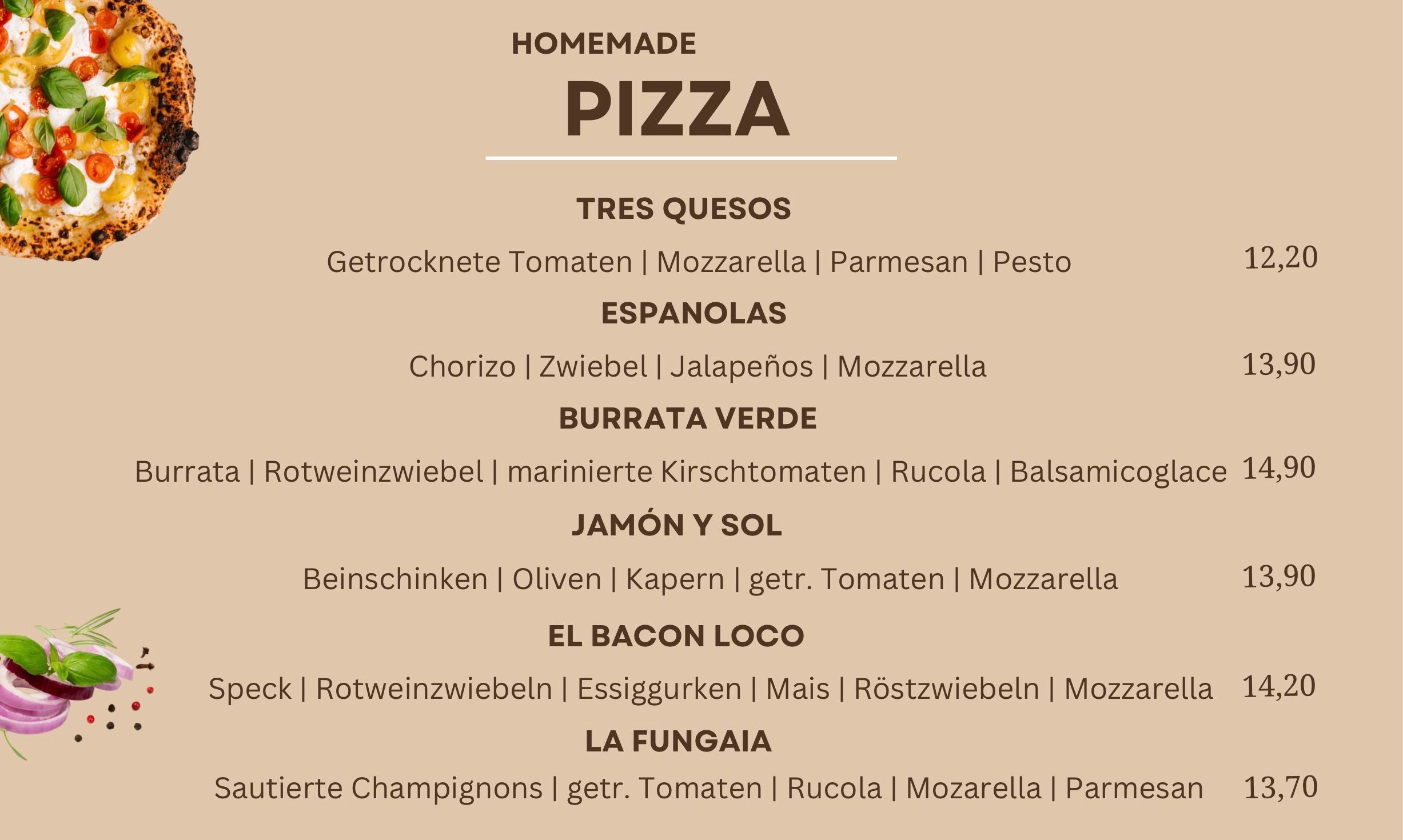 Ein Menü zeigt verschiedene hausgemachte Pizzabeläge, darunter drei Käsesorten, Chorizo, marinierte Kirschtomaten und mehr. Jeder Belag wird mit seinem Namen und den Zutaten aufgeführt.
