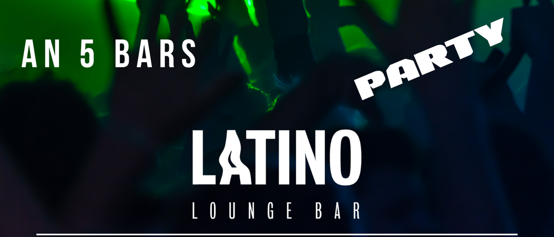 Werbung für eine After-Party im Latino Lounge Bar am 25. Oktober. Zeigt eine Silhouette von tanzenden Menschen mit grünen Laserlichtern. Der Text 'AFTER BOCKBIERS ANSTICH' und 'AN 5 BARS' ist zu sehen.