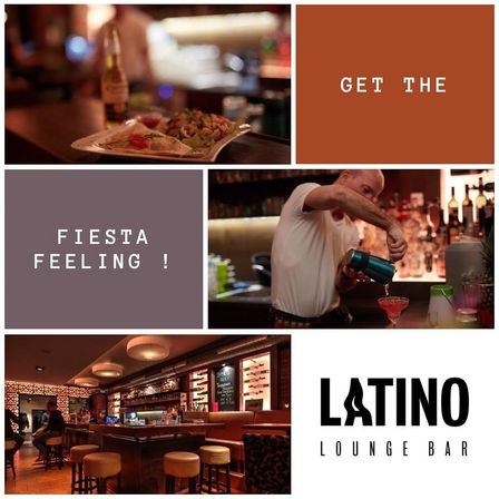 Eine Collage eines lateinischen Lounge-Bars zeigt einen Teller mit Essen, einen Barkeeper, der einen Drink mixt, und ein Schild mit der Aufschrift 'Hol dir das Fiesta-Gefühl!' mit dem Logo der Bar.
