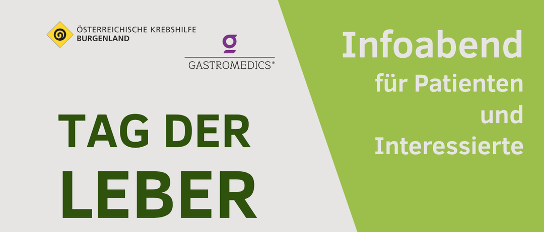 Veranstaltung 'Tag der Leber' am Dienstag, 5. Mai 2026, von 17:00 bis 19:00 Uhr in Ruster Straße 75, Eisenstadt. Kostenlose Teilnahme. Eine Hand hält eine blattförmige Leber. Voranmeldung erforderlich unter praxis@gastromedics.at oder 02682/62726.