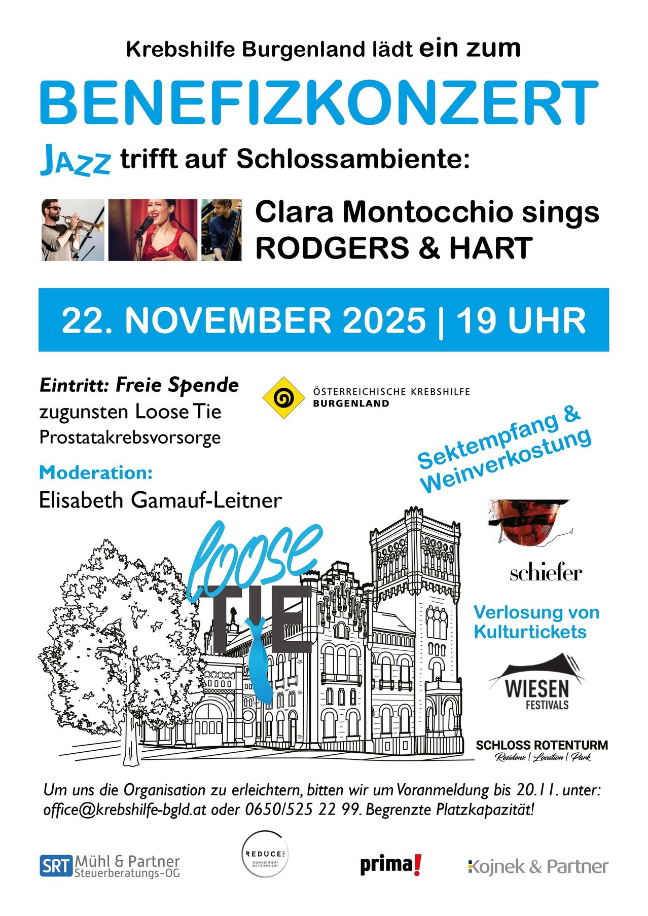 Plakat für ein Jazz-Event am 22. November 2025, mit Clara Montocchio, die Rodgers & Hart singt. Der Eintritt ist frei mit einer Spende. Elisabeth Gamau-Leitner moderiert.