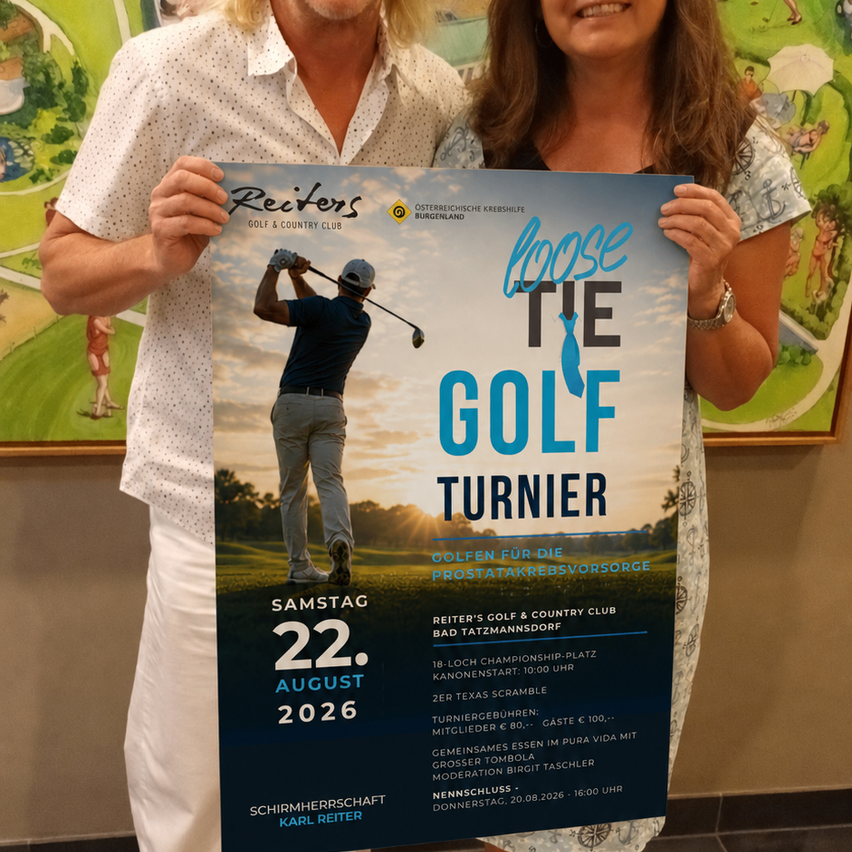 Ein Plakat für das Loose the Golf Turnier am 22. August 2026 mit einem Golfspieler und einem Paar, das das Plakat hält.