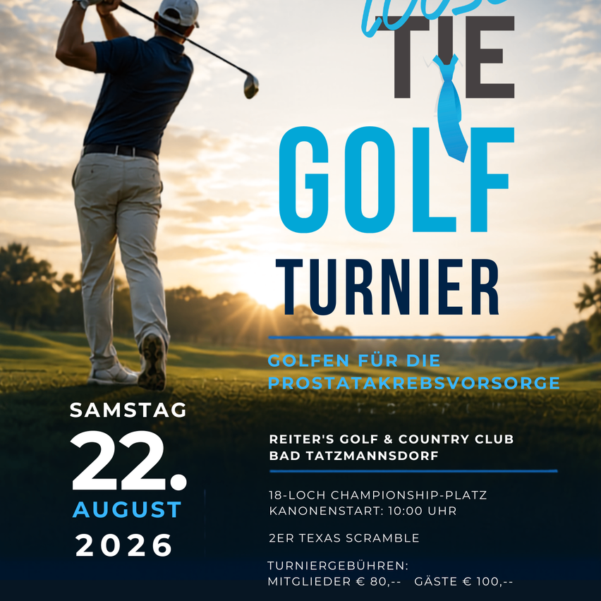 Golfturnier-Poster mit einem Golfspieler in Aktion und den Veranstaltungsdetails und Datum.