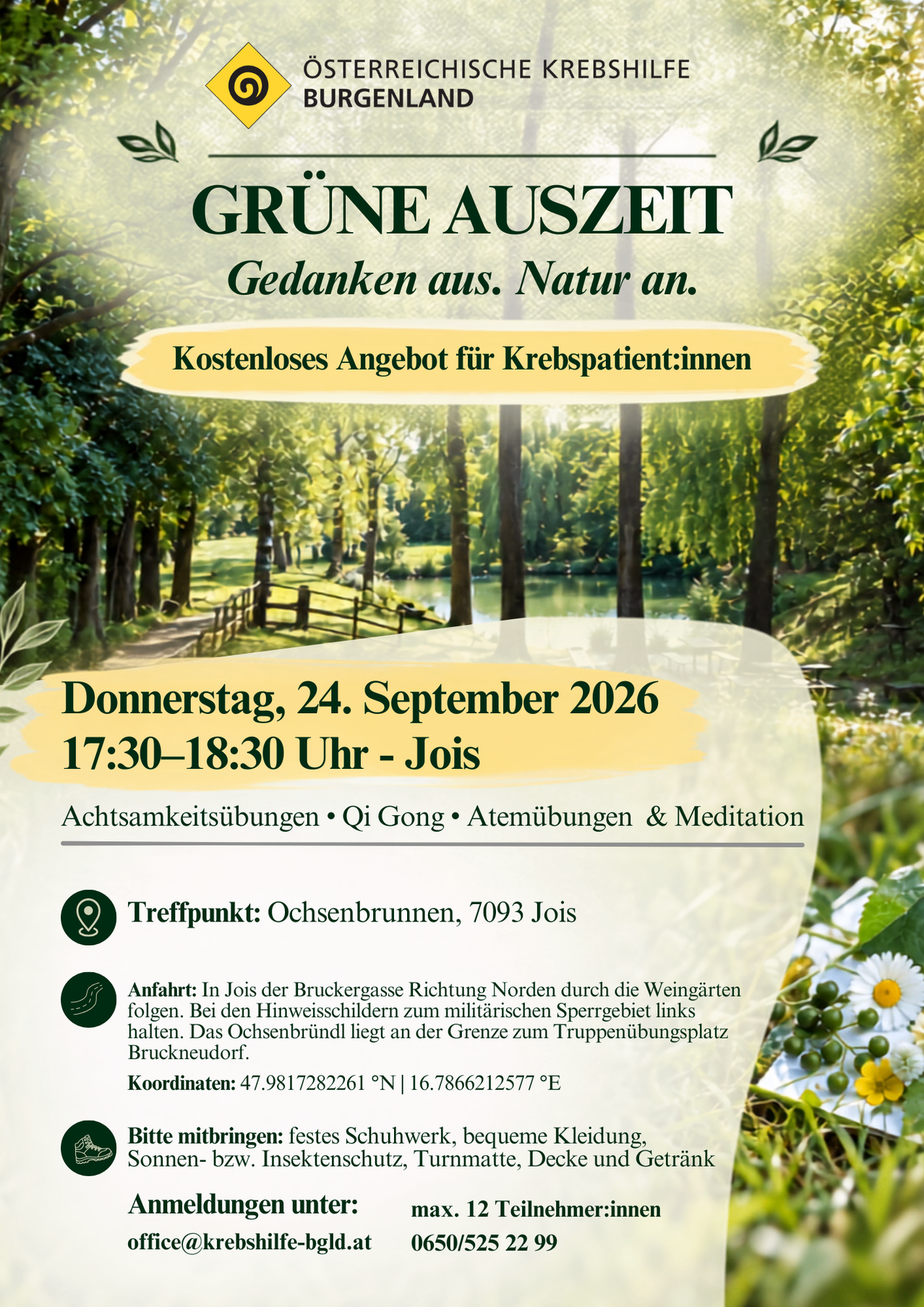 Plakat für eine kostenlose Veranstaltung für Krebspatienten am Donnerstag, 24. September 2026, von 17:30 bis 18:30 Uhr in Jois. Aktivitäten umfassen Atemübungen, Qi Gong, Entspannungsübungen und Meditation. Treffpunkt ist bei Ochsbrunnen, 7093 Jois.