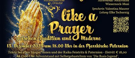 Plakat für das Weihnachtskonzert 2025. Es zeigt eine goldene Hand, Text auf Deutsch und Logos. Die Veranstaltung ist um 18:00 in der Kirche. Vocalensemble Drautaal.