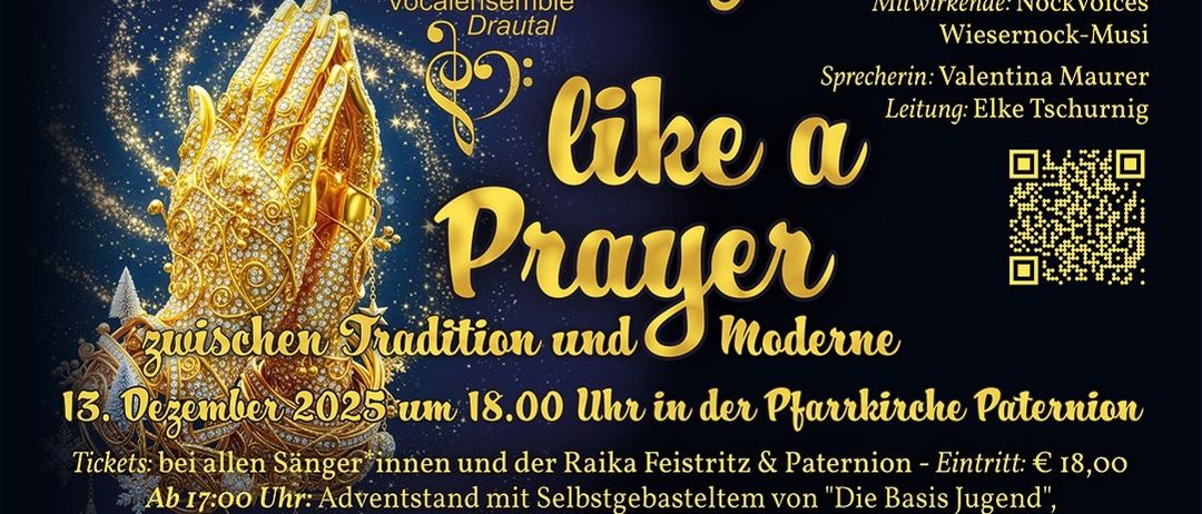 Plakat für das Weihnachtskonzert 2025. Es zeigt eine goldene Hand, Text auf Deutsch und Logos. Die Veranstaltung ist um 18:00 in der Kirche. Vocalensemble Drautaal.