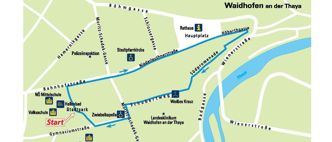 Die Karte zeigt eine gesunde Wanderroute, die an der Bahnhofstraße 19, 3830 Waidhofen/Thaya beginnt. Die Entfernung beträgt 1,2 km, mit Highlights wie der Stadtpfarrkirche, dem Rathaus, der Doppelkapelle und dem weißen Kreuz. Die Wanderung dauert etwa eine Stunde.