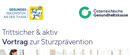 Poster for a free lecture on fall prevention by 'Trittsicher & aktiv'. It shows a woman giving a presentation to a group. The text includes the date, location, and contact details for the lecture. QR code for more information.