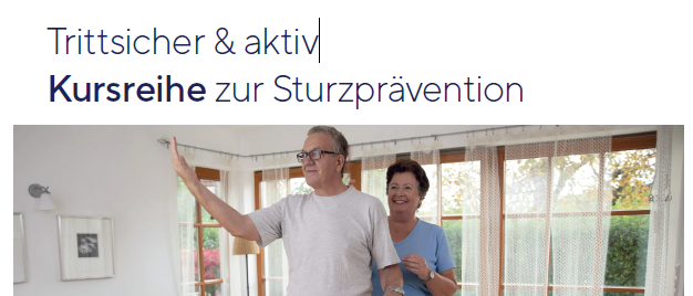 Die Anzeige für einen kostenlosen Sturzpräventionskurs zeigt einen Mann und eine Frau im Wohnzimmer. Es betont Gleichgewicht, Kraft und Reaktionsfähigkeit. Der Kurs ist für selbstständig lebende Personen über 65. Dauer: 12 Wochen, einmal wöchentlich für 50 Minuten. Gruppengröße: 8 bis 10. Startdatum: 4. März 2026. Kontakt: 02842/503, stadtamt@waldhofen-thaya.gv.at.