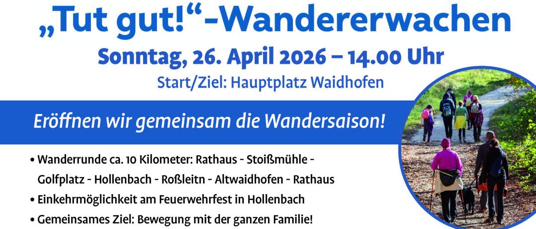 Plakat für eine Wanderveranstaltung am 26. April 2026. Die Route ist etwa 10 km lang und umfasst Sehenswürdigkeiten wie das Rathaus, den Golfplatz, Hollenbach und RoBleint. Parkplätze stehen am Feuerwehrhaus zur Verfügung. QR-Code für Route auf dem Gerät.