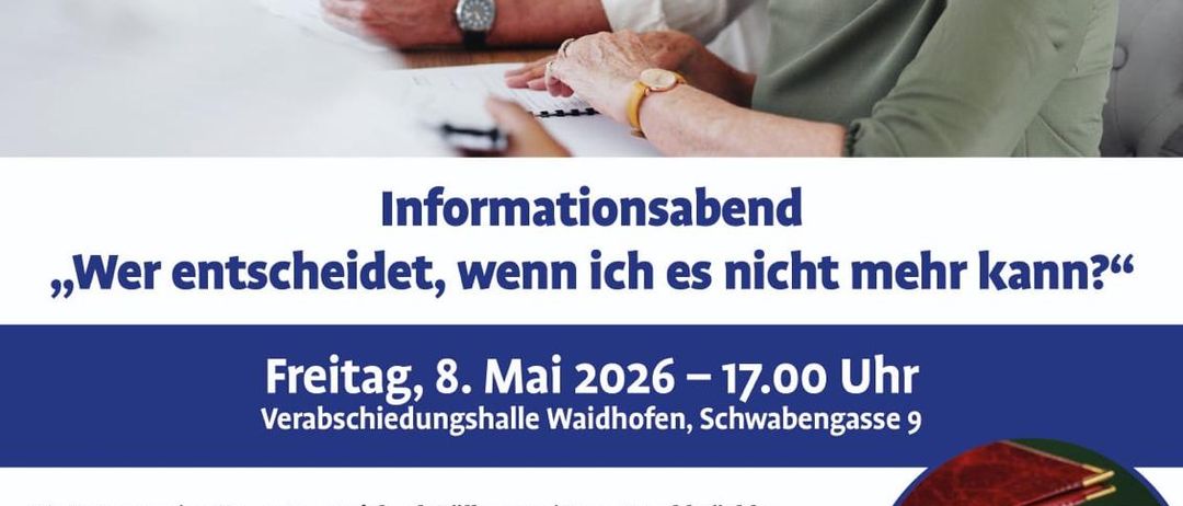 Ein Informationsflyer zeigt ein älteres Paar, das über rechtliche Themen diskutiert. Der Flyer ist für einen Seminar am 8. Mai 2026, das sich auf Themen wie Vorsorgevollmacht und Testament konzentriert. Notare Mag. Michael Müller und Mag. Harald Tüchler leiten die Sitzung.