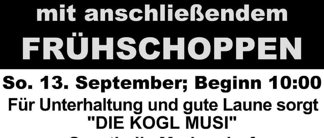 Plakat für einen Wortgottesdienst in Merkendorf am 13. September, Beginn 10:00 Uhr. Die Veranstaltung beinhaltet ein Frühstück und verspricht gute Laune durch 'Die Kogl Musi'. Der Veranstaltungsort ist die Sporthalle Merkendorf. Sponsoren sind K.E.M. Bau GmbH, Rock Metalltechnik und Roth.