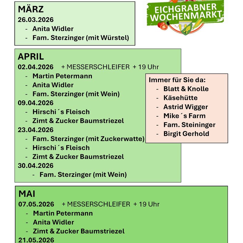 Ein Wochenmarktplan für März, April und Mai. Termine und Verkäufer aufgeführt.