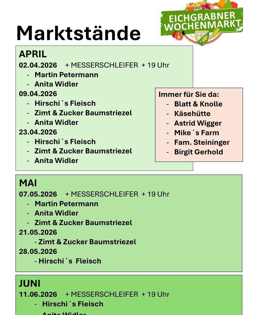Das Bild zeigt einen Zeitplan für Marktstände im April, Mai und Juni. Im April gibt es Fleisch, Gemüse und Käse am 2. und 23. April. Im Mai gibt es Gemüse und Käse am 7., 21. und 28. Mai. Im Juni gibt es keine spezifischen Informationen.