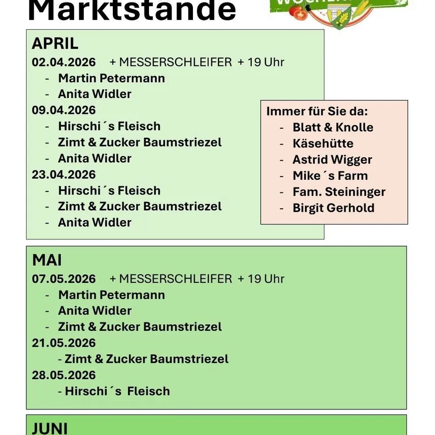 Das Bild zeigt einen Zeitplan für Marktstände im April, Mai und Juni. Im April gibt es Fleisch, Gemüse und Käse am 2. und 23. April. Im Mai gibt es Gemüse und Käse am 7., 21. und 28. Mai. Im Juni gibt es keine spezifischen Informationen.