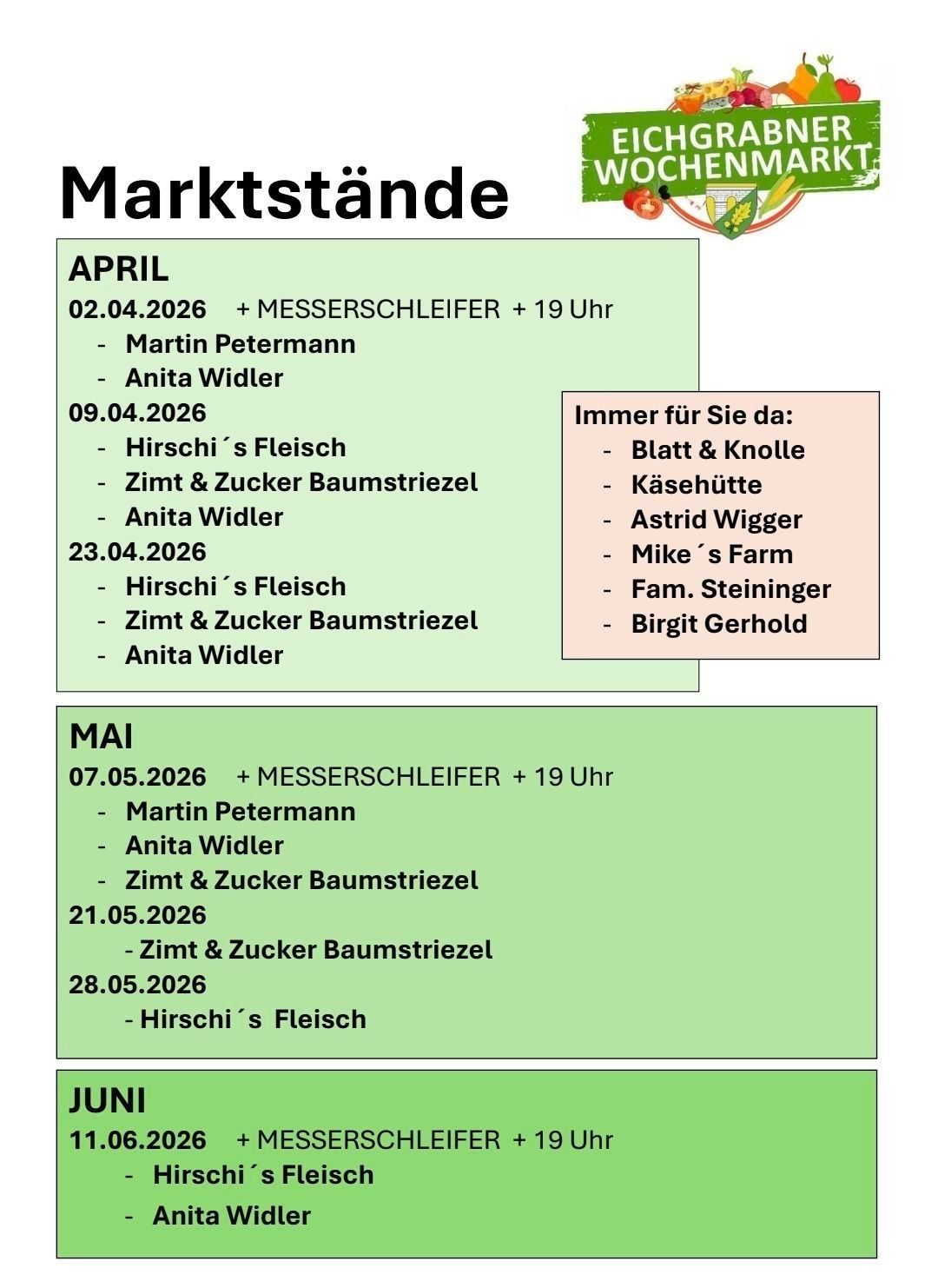 Das Bild zeigt einen Zeitplan für Marktstände für April, Mai und Juni 2026. Im April sind Martin Petermann, Anita Wildler und Zimt & Zucker Baumstriezel vertreten. Im Mai sind Martin Petermann, Anita Wildler und Zimt & Zucker Baumstriezel. Im Juni ist Zimt & Zucker Baumstriezel vertreten.