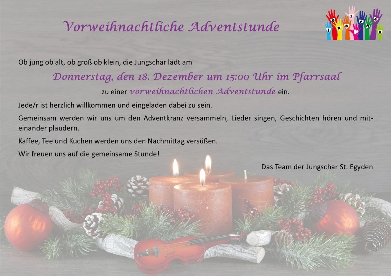 Einladung zur vorweihnachtlichen Adventstunde für alle Altersgruppen am Donnerstag, 18. Dezember um 15:00 Uhr. Kerzen, Musik, Geschichten und Kekse.