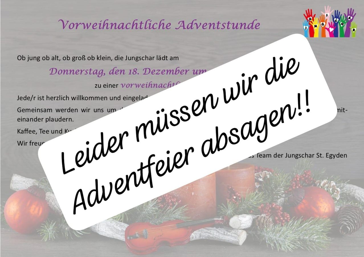 Eine Werbung für eine vorweihnachtliche Adventsstunde, mit einer Geige und Weihnachtsdekoration. Der Text ist in Deutsch.