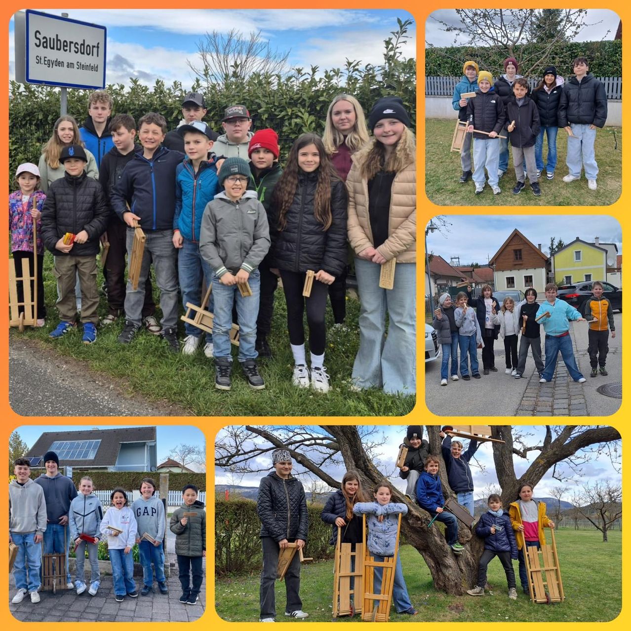 A collage of photos featuring children and adults holding wooden sleds in various outdoor settings, including a sign for Saubersdorf, St. Eygden am Steinfeld, and houses.