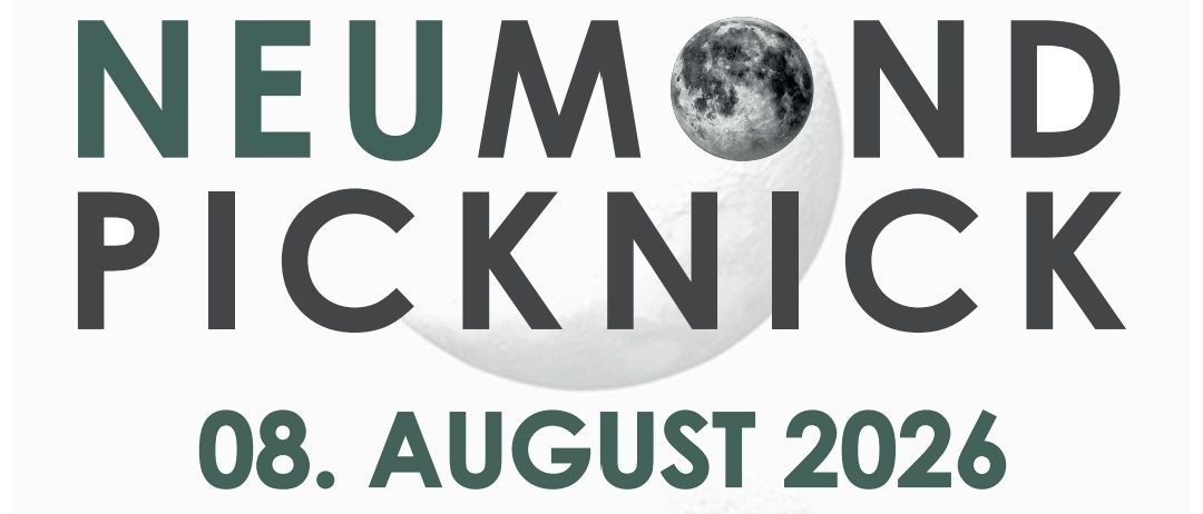 Plakat für Neomond Picknick-Veranstaltung am 8. August 2026 mit einem Mond und Musikauftritten bei Rückhaltebecken Zillingtal.