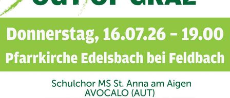 Plakat für die Veranstaltung 'Vokaltotal Out of Graz'. Datum: Donnerstag, 16.07.2026, 19:00. Ort: Pfarrkirche Edelsbach. Gruppen: AVOCALO, INNALUWAN Vocal Group, HERZONIAN. Ticketpreise: 19 €, 9 € für Studenten, 24 €, 12 € für Studenten mit Rabatt. Kinder 6-14 erhalten freie Eintrittskarten.